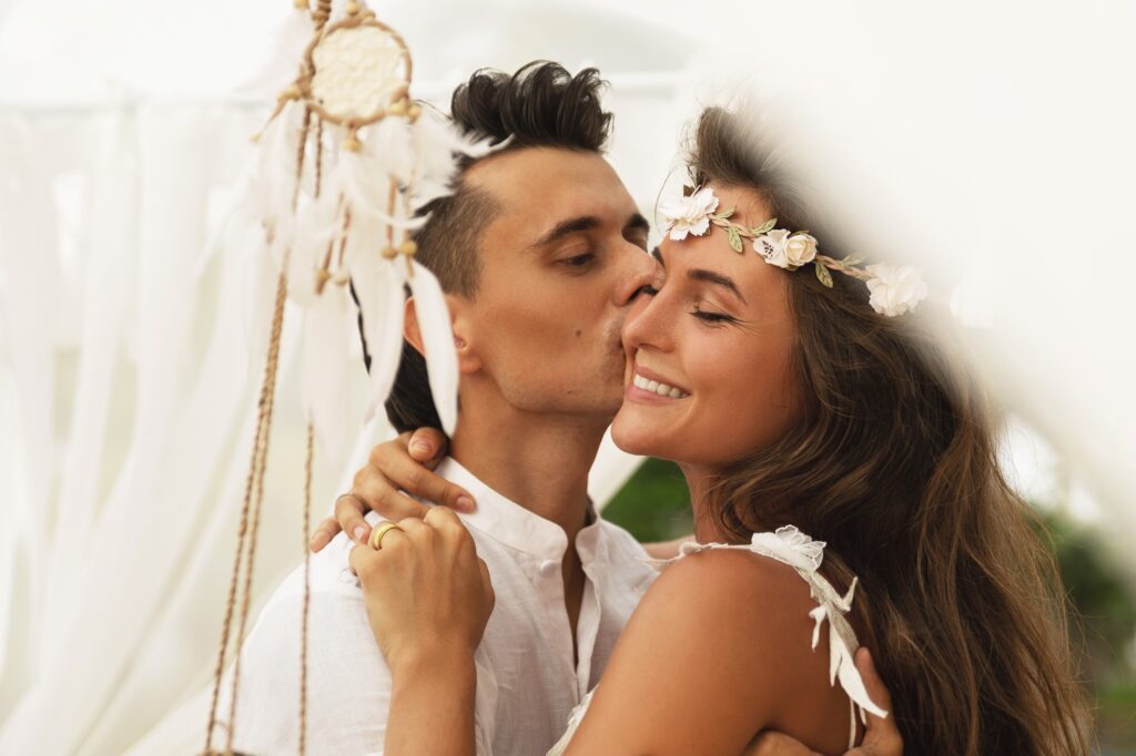 Happy married couple is celebrating their wedding